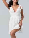 MQTIME  -  Women Summer White Dress Bow Lacing Strap V-Neck Hollow Eyelet Ruffle Hem A-Line Short Cami Dresses