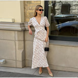MQTIME  -  Floral Ruffles Patchwork Maxi Dress Women Summer V-neck Puff Sleeve High Waist Fashion Robes Lady Elegant Prty Long Drsss 2025