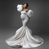 MQTIME  -  Luxury Satin Mermaid Pregnancy Dresses Puff Sleeves Taffeta Long Maternity Dress For Photography Formal Prom Party Gowns