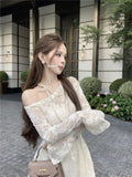 MQTIME  -  French Diagonal Neck Lace Splicing Dress Women Autumn New Temperament Lotus Leaf Edge Waist Long Sleeve Short Vestido