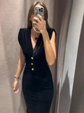 MQTIME  -  V-Neck Velvet Long Dresses Pleated Sexy Wide Shoulder Strap Waist Cinching Slim Fit Sleeveless Robes Gold Button Trend Dress