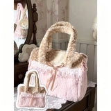 MQTIME  -  Sweet Utility Tote, Plush Deer Spot Bag With Lace Bow, Lolita Style Large Capacity Crossbody, Brown Pink Soft Shoulder Bag