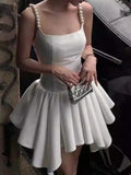 MQTIME  -  Elegant White Pearl Spaghetti Strap Mini Dress Asymmetrical Pleated Birthday Dress For Women Summer Fashion Ladies Dresses