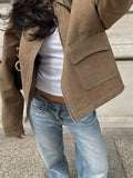 MQTIME  -  Chic Suede Short Jacket Woman Lapel Zipper Pocket Long Sleeves Solid Coats 2025 Autumn Casual Streetwear Lady New In Jackets
