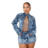 MQTIME  - Embroidery Tassel Jeans Two Piece Set Women Stand Collar Long Sleeve Short Jackets Tops Bodycon Mini Skirts Fashion Denim Suits