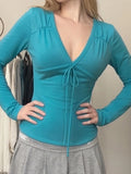  MQTIME  -  Folds Patchwork Solid V Neck Long Sleeve Temperament All Match Lace-up Women's T-shirts
