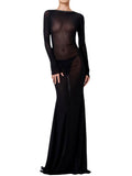  MQTIME  -  Women See Through Mesh Long Dress Long Sleeve Tie-Up Backless Bodycon Dress Evening Party Sexy Dress Beach Cover-ups
