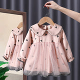 MQTIME  -  Cute Baby Girls Dresses Spring Autumn Long Sleeved Loveheart Mesh Princess Dresses 1-6Years Old Korean Girl Casual Dress