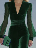 MQTIME  -  Fashion V-neck Velvet Wide Leg Jumpsuits Elegant High Waist See-through Sleeve Party Playsuits Temperament Lady Casual Rompers