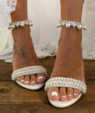MQTIME  -  New Block Heel Sandals Summer Wedding White Mid Heel Pearl String Open Toe Plus Size Strappy Sandals