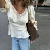 MQTIME  -  Women's Elegant Satin Blouse Top with Lace Trim Puff Sleeve Square Neck Tie Cuff Sweetheart Neckline Casual Office Lady Clubwear