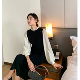 Mqtime Maternity Stitching Fake Two-piece Clothes French Temperament Pregnancy Palace Sleeve Long-sleeved Dress 2024 Spring Autumn New