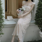 MQTIME  -  French Style Vintage Polka Dot Long Dress Summer Stylish Lace Patchwork Female Clothing Flying Sleeve Elegant Bag Hip Dresses