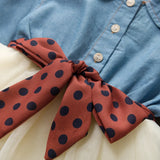 MQTIME  -  Spring Autumn Girls Dress Korean Version Denim Stitching Mesh Dress + Detachable Polka Dot Belt Suit Dress