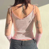 MQTIME  -  Y2k Lace-up Trim Mini Vest for Women Pink Knit Vest V-Neck Cute Fairy Core Vest Trendy T-shirt Korean Summer 2024