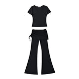 MQTIME  -  Woman 2 Piece Set Outfit Solid Color Short-sleeved T-shirt Lace-up Bootcut Culottes Long Pants Two Piece Outfits Simple Style