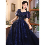 MQTIME  -  Luxury Sequin Blue Evening Dress for Women Annual Conference Hosting Ball Gown Puff Sleeve Sqare Collar Banquet Princess Dresses