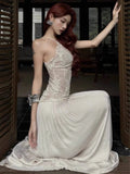 MQTIME  -  Women Strap Dress Spring Backless Waist Tied Maxi Dress Women's Lace Paneled Summer Elegant Slim Fit Slip Dress