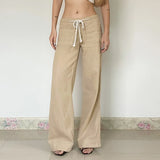  MQTIME  -  Japanese Style Drawstring Low Waist Casual Pants Women Loose Fit Solid Color Retro Straight Leg