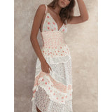 MQTIME  -  Women's Boho Floral Smocked Maxi Dress Y2k Patchwork Lace Layered Long Beachwear Dresses Casual Flowy Summer Sundress