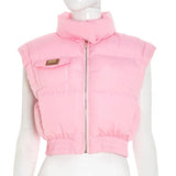 ﻿ MQTIME  -  Solid Cotton Padded Coat Vests Women Fashion Warm Stand Collar Sleeveless Zipper Parkas Jackets 2025 Fall Winter Puffy Crop Tops