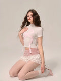 MQTIME  -  Pink Pearl Ruffles Shorts Skirts Women Kawaii A-line Shorts with Lace Ballet Cutecore Summer Sweet Girl Elastic Bottoms