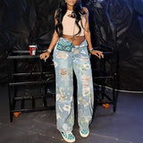 MQTIME  -  Spring New Floral Graffiti Print Ripped High Waist Loose Straight Jeans