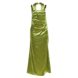 MQTIME  -  Elegant Pleated Satin Birthday Party Maxi Dress with Scarf Ribbon Women Sexy Spaghetti Straps Backless Vacation Long Robe