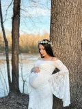  MQTIME  -  Maternity Off Shoulder Lace Maxi Dress Bell Sleeves Pregnant Long Gown Dresses For Photoshoot Baby Shower