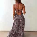 MQTIME  -  Elegant Off Shoulder Hollow Suspenders Dress Women Fashion Floral Print Big Swing Party Dress Sexy Sleeveless Pleated Long Dress