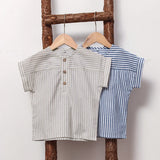  MQTIME  -  Children's Cotton Linen Striped Short-Sleeved T-Shirt Summer New Boys And Girls Round Neck Buttons Daily Casual Tops