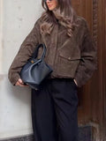 MQTIME  -  Women Elegant Suede Brown Bomber Jackets Fashion Ladies Casual Loose Outfits for Vintage Female Chic Clothes Cute