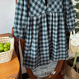  MQTIME  -  Retro Cotton And Linen Long-Sleeved Plaid Dress Girls 2026 Spring New Chic Back Lace-up Loose Pleated Children's Dresses