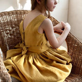 MQTIME  -  Vintage Cotton Linen Girls Sleeveless Dress Chic Open Back Buttons Bandage Bow Sweet Loose Wending Evening Party Dresses