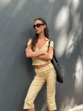 MQTIME  -  Women Striped 2 Piece Matching Set Beige Short Sleeve Deep V Crop Flare Pants Sexy Retro Outfit Summer Beach Street Chic Wear