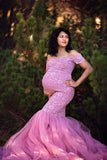 MQTIME  -  Elegant Mauve Lace Tulle Patchwork Maternity Mermaid Dress Photoshoot Short Sleeved Pregnant Fishtail Dresses Bride Gown