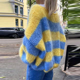 MQTIME  -  Autumn Winter New O Collar Knitted Pullover Fashion Stripe Contrast Printed Sweater Casual Lantern Sleeve Loose Jumper For Women