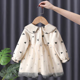 MQTIME  -  Cute Baby Girls Dresses Spring Autumn Long Sleeved Loveheart Mesh Princess Dresses 1-6Years Old Korean Girl Casual Dress