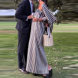 MQTIME  -  Fashione Strapless Backless Formal Banquet Dress Elegant Batwe Sleeve Slit Tube Dress Retro Striped Printed Off Shoulder Dress