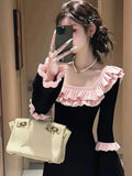 MQTIME  -  Y2K Patchwork Bodycon Dress with Ruffles & Flare Sleeves, Square Collar Slim Waist Vestidos for Women