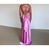 MQTIME  -  SilkySatin Dress SensualSexy VNeck LowBack Dress FigureFlatter TieBack Adjustable Dress SlimFit Evening FloorLength Gown