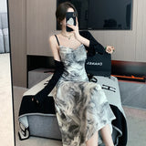 MQTIME  -  2024 Summer New Design Sensation Chinese Ink Painting New Chinese Swinging Neck Suspended Strap Open Back Style Dress Cardigan