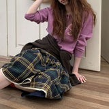 MQTIME  -  Women Vintage Green Plaid Tiered Midi Skirts Elastic High Waist A Line Ruffled Cake Skirt Autumn Casual Preppy Style Long Skirts
