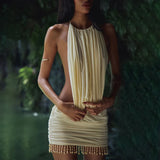MQTIME  -  Sea Yacht Cocktail Sleeveless Fringe Summer Dress Lace Up Halter Hollow Solid Color Dress Mini Slim Backless Women's Beach Dress