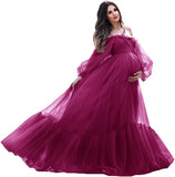 MQTIME  -  Puffy Sleeve Maternity Dress Tulle Robe With Underskirt for Photoshoot Off Shoulder Pregnancy Baby Shower Gown