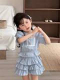 MQTIME  -  New Summer Toddlers Kids Plaid Sets Lace Puff Sleeve Tops Layered Shorts 2pcs Baby Girls Cute Outfits
