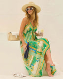 MQTIME  -  Summer Boho Dress Sleeveless Printing A-line Vestidos Floral V Neck Open Back Holiday Dress Vacation Halter Dresses