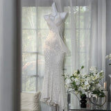 MQTIME  -  Glamorous White Halter Beaded Women's Mermaid Wedding Dresses V Neck Wrap Chiffon Detail Sparkly Luxurious Formal Bridal Gown