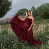 MQTIME  -  Maternity Dress For Photoshoot Pregnancy Off Shoulder Ruffled Semi Transparent Chiffon Long Dress Photography Dress For Women