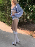 MQTIME  -  Personality Spice Girl Sexy Cute Two Piece Sets Y2k Splcied Lace Seep V Neck Long Sleeve Crop Tops Harajuku Stretch Waist Shorts